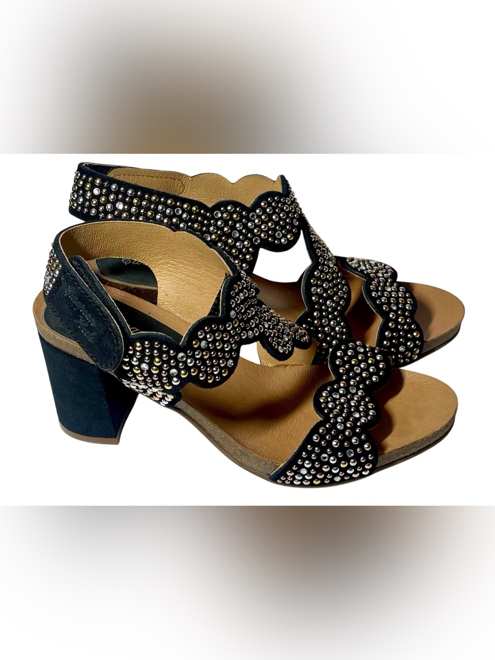 Penelope Chilvers European Heels black strappy sandals rhinestones size 7.5